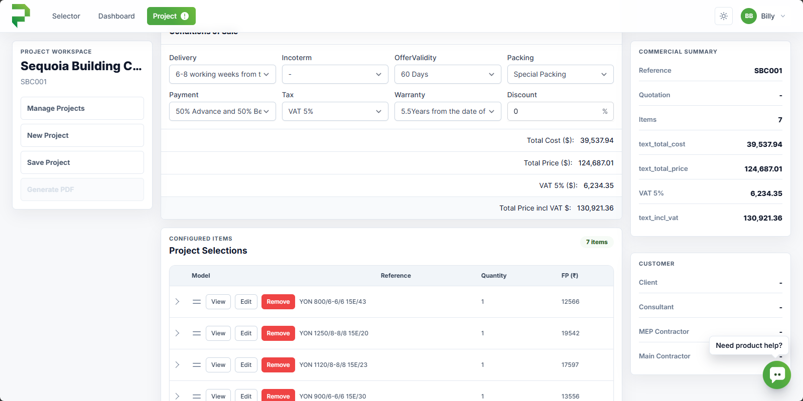 FloSelect quotation interface
