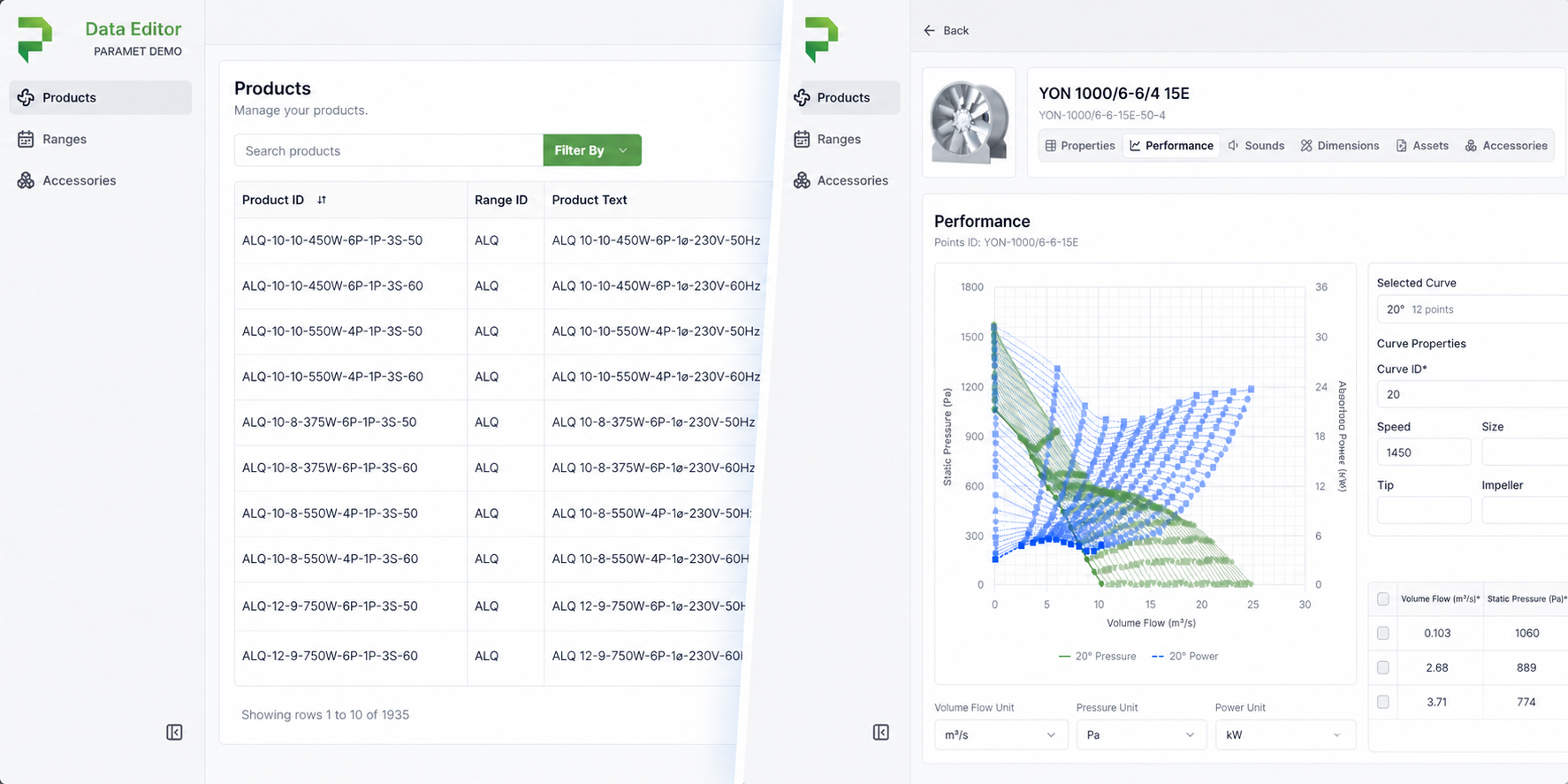 FloSelect product data management interface