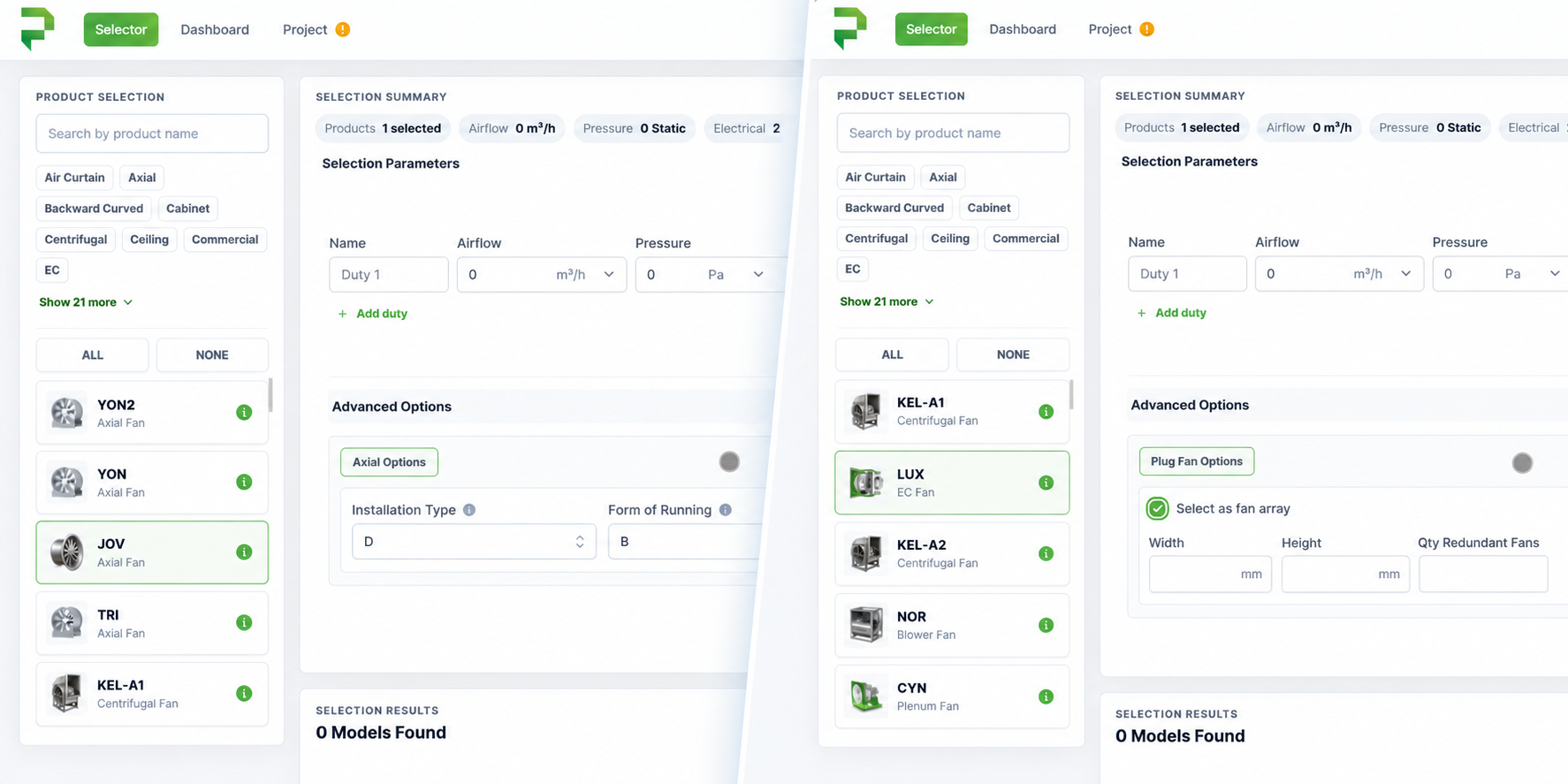FloSelect selection rules interface